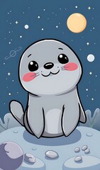 Fototapeta premium Cute seal sits playfully on moonlit cosmic planet digital art.. AI Generated