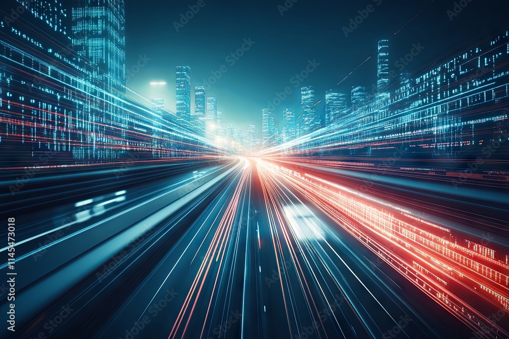 Poster futuristic cityscape with high-speed data streams on highway