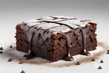 Delicious chocolate brownie with chocolate ganache and powdered sugar.