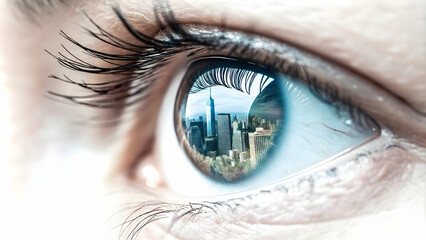 City skyline reflected in human eye with copy space concept as Glossy image showing a close up of a human eye reflecting a city skyline symbolizing vision and vigilance in cyber resilient cities; ampl