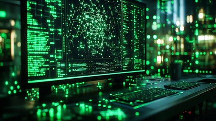 Green illuminated computer screen displays complex code and network data