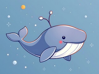 Cute smiling whale vector art on blue speckled background. AI Generated
