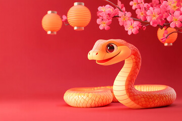 Fototapeta premium Snake and flower combination cartoon illustration background on red background