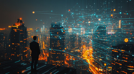 Smart digital city with connection cyber security network reciprocity over the cityscape . future smart wireless digital city and social media networking systems that connects people within the city