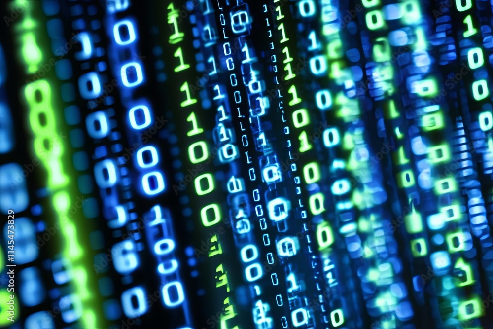 Poster abstract digital binary code matrix background, blue and green glowing numbers