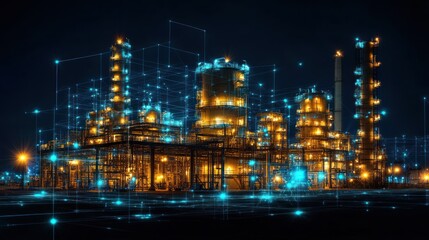 Obraz premium Industrial complex illuminated with digital overlays.