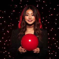 Naklejka premium Elegant Woman Holding Red Sphere Against Red Lights