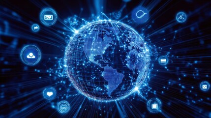 Fototapeta premium Global Network: A digital rendering of the Earth, radiating blue light and connected by a vibrant network of data symbols, representing the interconnectedness of our world.