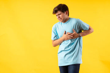 Young person expressing various emotions and body pains, pointing, using a cellphone, with colored...