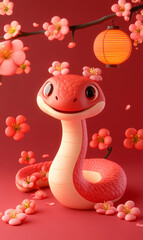 Fototapeta premium Snake and flower combination cartoon illustration background on red background