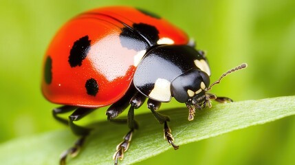 Fototapeta premium Detailed Macro Close-Up of a Ladybug on a Green Blade of Grass