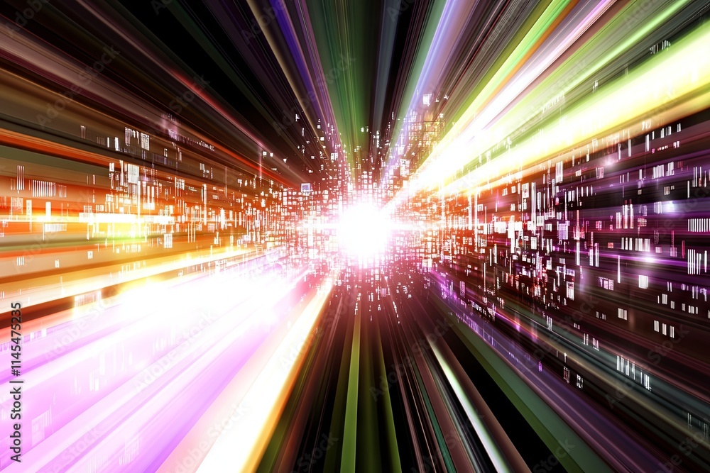 Poster abstract digital speed tunnel: a burst of colorful data streams