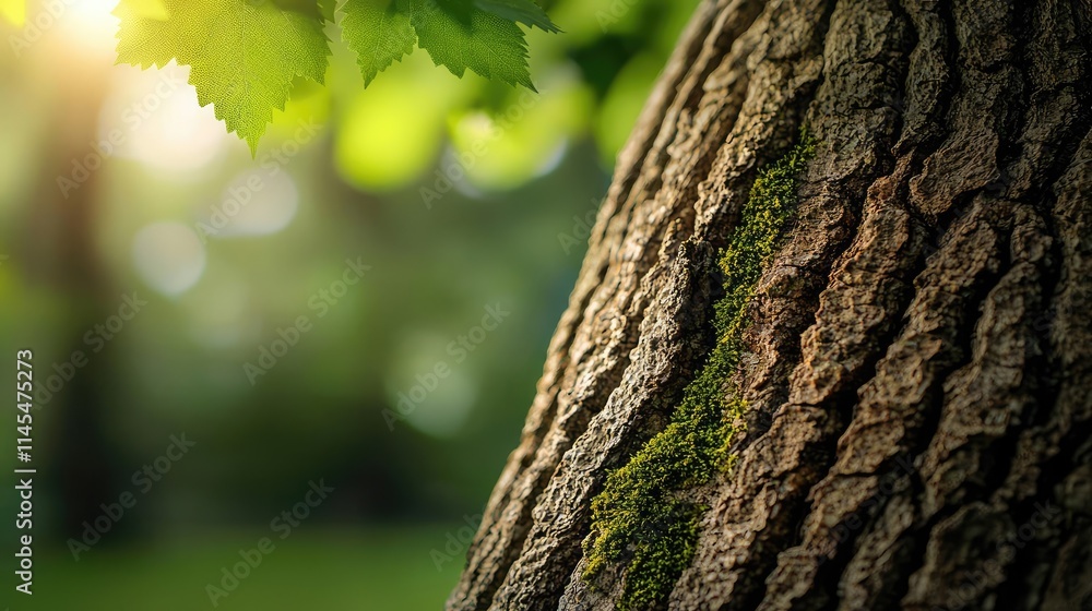 Poster macro natural concept. close-up of textured tree bark illuminated by soft daylight through leaves.