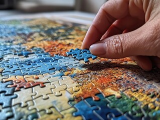 Close-Up of a Hand Placing a Puzzle Piece in a Jigsaw Puzzle