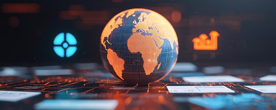 Net zero sustainability idea. A digital globe surrounded by data and technology icons, representing global connectivity.