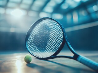 Close-Up of a Tennis Racket and Ball on an Indoor Court