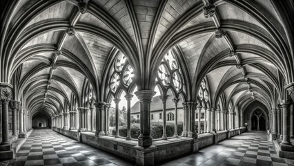 Serene monochrome panorama: ancient monastery's gothic stone walls, long-exposure tranquility.