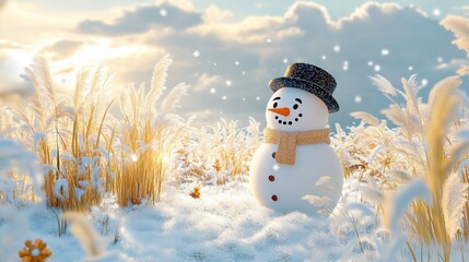 There is a snowman in the wild grass field on the outskirts