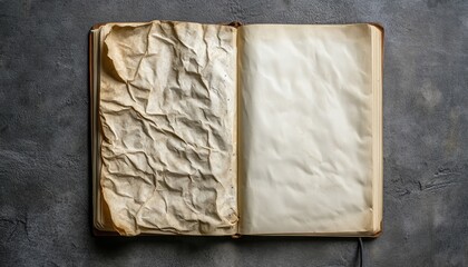 Open book with crumpled page on the left and blank page on the right on a textured background