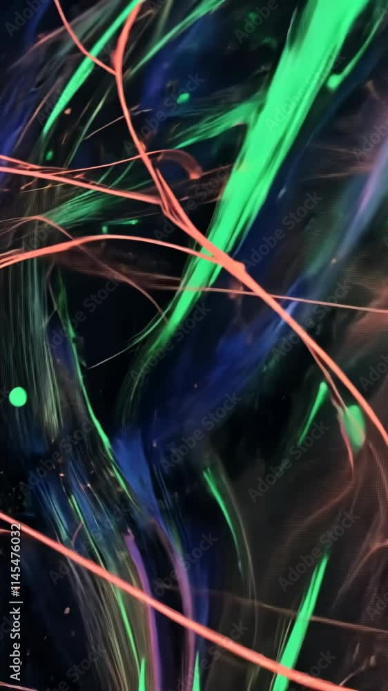 Poster bright colors swirl in abstract patterns creating a dynamic visual experience with greens, blues, an