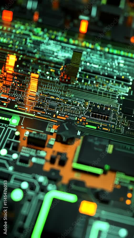 Poster close-up view of circuit board with glowing components showcasing intricate technology design and co