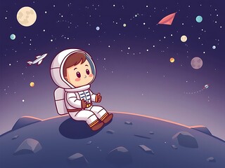 Fototapeta premium Sitting astronaut dreamy digital painting star night cosmic scene. AI Generated