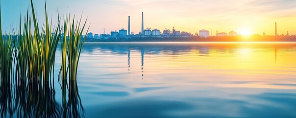 Net zero sustainability idea. Tranquil waters reflect the sunset amid lush grasses and an industrial skyline.