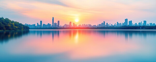 Fototapeta premium Net zero sustainability idea. A serene sunset over a tranquil lake with a city skyline in the background.