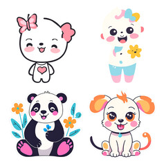 Charming collection of cute characters: a happy bear, a cheerful child, a playful panda, and an adorable puppy, all surrounded by colorful flowers. Perfect for children's products and playful designs.