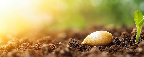 Macro natural concept. A seed planted in rich soil, symbolizing growth and new beginnings in nature.