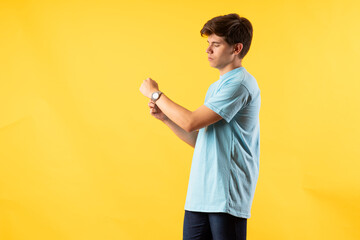 Young person expressing various emotions and body pains, pointing, using a cellphone, with colored...