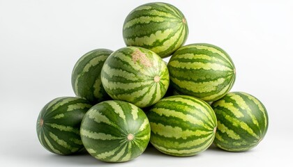 Pyramid of fresh watermelons on white background
