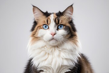 Fluffy calico cat with bright blue eyes stares directly at the camera.