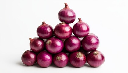 Pyramid of glossy red onions on white background