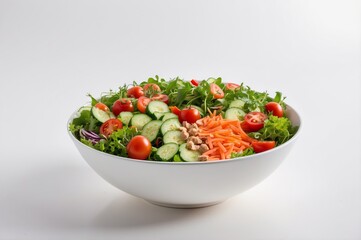 Fresh mixed green salad with cherry tomatoes, cucumber, and carrots in a white bowl.