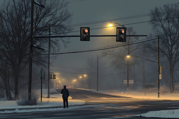 Overhead streetlights begin to flicker as twilight fades into night
