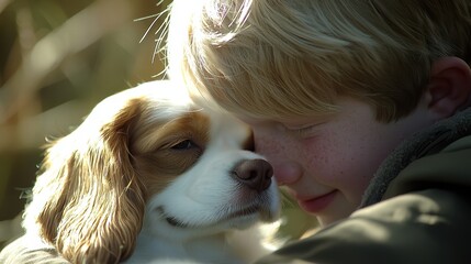 Tender Moment Between Child and Dog in Natural Setting