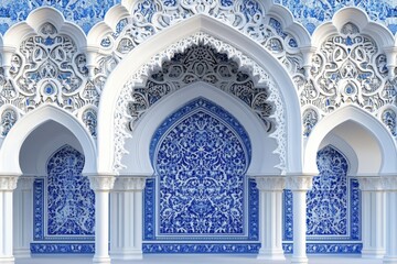 Obraz premium Intricate white arches and blue patterned tiles create a stunning architectural detail. Perfect for projects needing elegance, Islamic or Moroccan design themes.