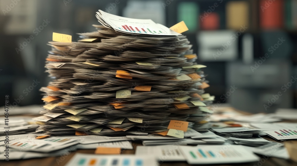 Aufkleber A Chaotic Stacked Pile of Unorganized Documents and Reports with Colorful Sticky Notes Representing Data Analysis and Business Review Processes in an Office Environment