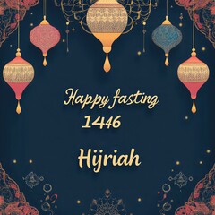 Naklejka premium the words happy fasting 1446 hijriah are decorated with Islamic ornaments such as lanterns and crescent moons, blue background