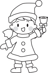 Line drawing of a girl wearing Santa costume smiling and holding a bell. Christmas. Cute. Vector Illustration.	