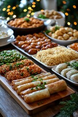 A serving of traditional Filipino media noche dishes including pancit and lumpia. The table, Generative AI