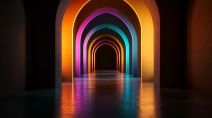 Fototapeta premium Colorful illuminated archway with reflections