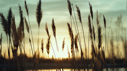 Serene Field at Sunset: A Closeup View of Nature&rsquo;s Beauty - Ideal for Relaxing Backgrounds