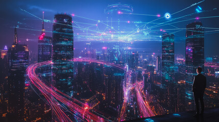 Fototapeta premium Smart digital Innovation city with connection network reciprocity over the cityscape. of future smart wireless city and social media networking systems that connects business people with in city