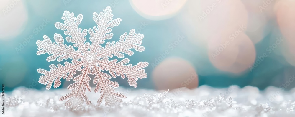 Poster macro natural concept. a delicate snowflake resting on a sparkling surface, capturing winter's beaut