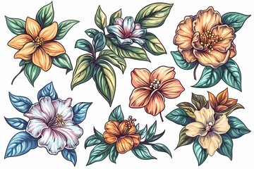 Fototapeta premium Colorful Floral Illustrations with Diverse Plants and Flowers