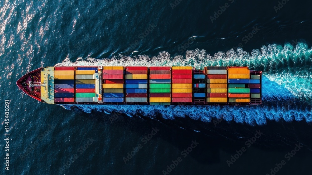 Poster aerial view of a cargo ship loaded with colorful containers navigating through water.
