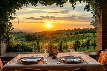 Fototapeta premium A romantic dining setup with a sunset view over vineyards.