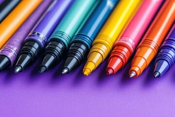 Close-up of colorful pens on purple. Illustrates creativity, writing, and office supplies.